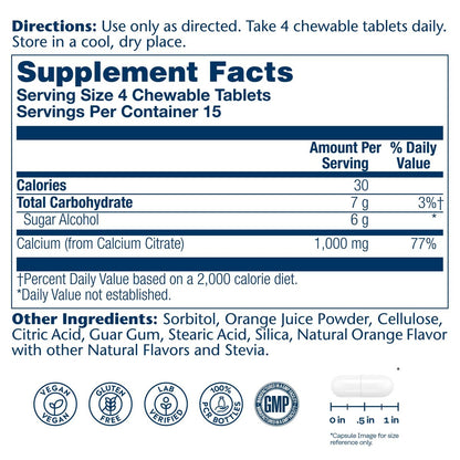 SOLARAY Calcium Citrat 1000 mg – Kautabletten für Frauen und Männer – Natürlicher Orangen Geschmack – Vegan & Glutenfrei – 60 Tage Garantie – 15 Portionen