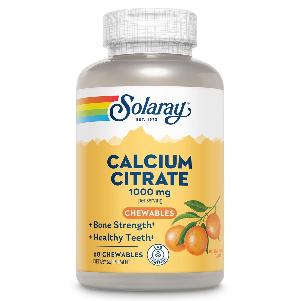 SOLARAY Calcium Citrat 1000 mg – Kautabletten für Frauen und Männer – Natürlicher Orangen Geschmack – Vegan & Glutenfrei – 60 Tage Garantie – 15 Portionen
