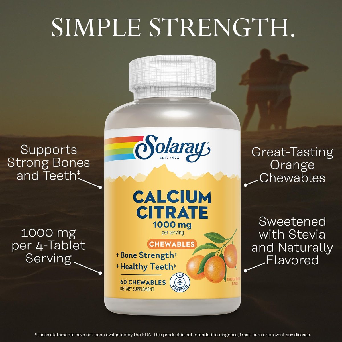 SOLARAY Calcium Citrat 1000 mg – Kautabletten für Frauen und Männer – Natürlicher Orangen Geschmack – Vegan & Glutenfrei – 60 Tage Garantie – 15 Portionen