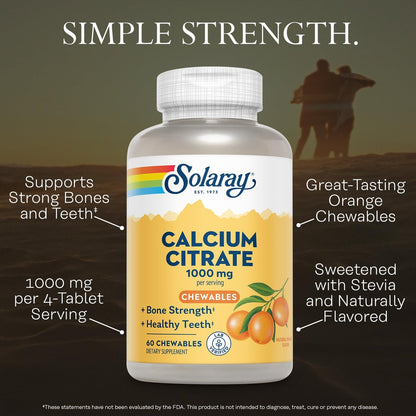 SOLARAY Calcium Citrat 1000 mg – Kautabletten für Frauen und Männer – Natürlicher Orangen Geschmack – Vegan & Glutenfrei – 60 Tage Garantie – 15 Portionen