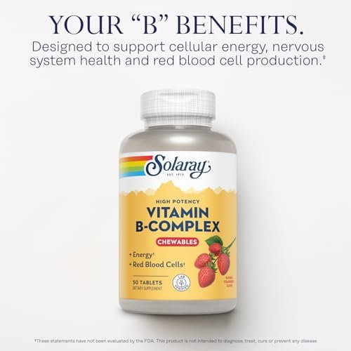 SOLARAY Vitamin-B-Komplex Kautabletten, Erdbeergeschmack, für gesunde Energie, rote Blutkörperchen, Stress- und Stoffwechselunterstützung, 50 Tabletten