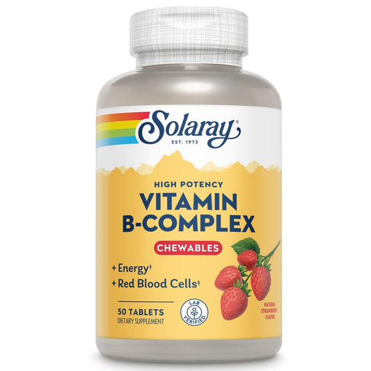 SOLARAY Vitamin-B-Komplex Kautabletten, Erdbeergeschmack, für gesunde Energie, rote Blutkörperchen, Stress- und Stoffwechselunterstützung, 50 Tabletten