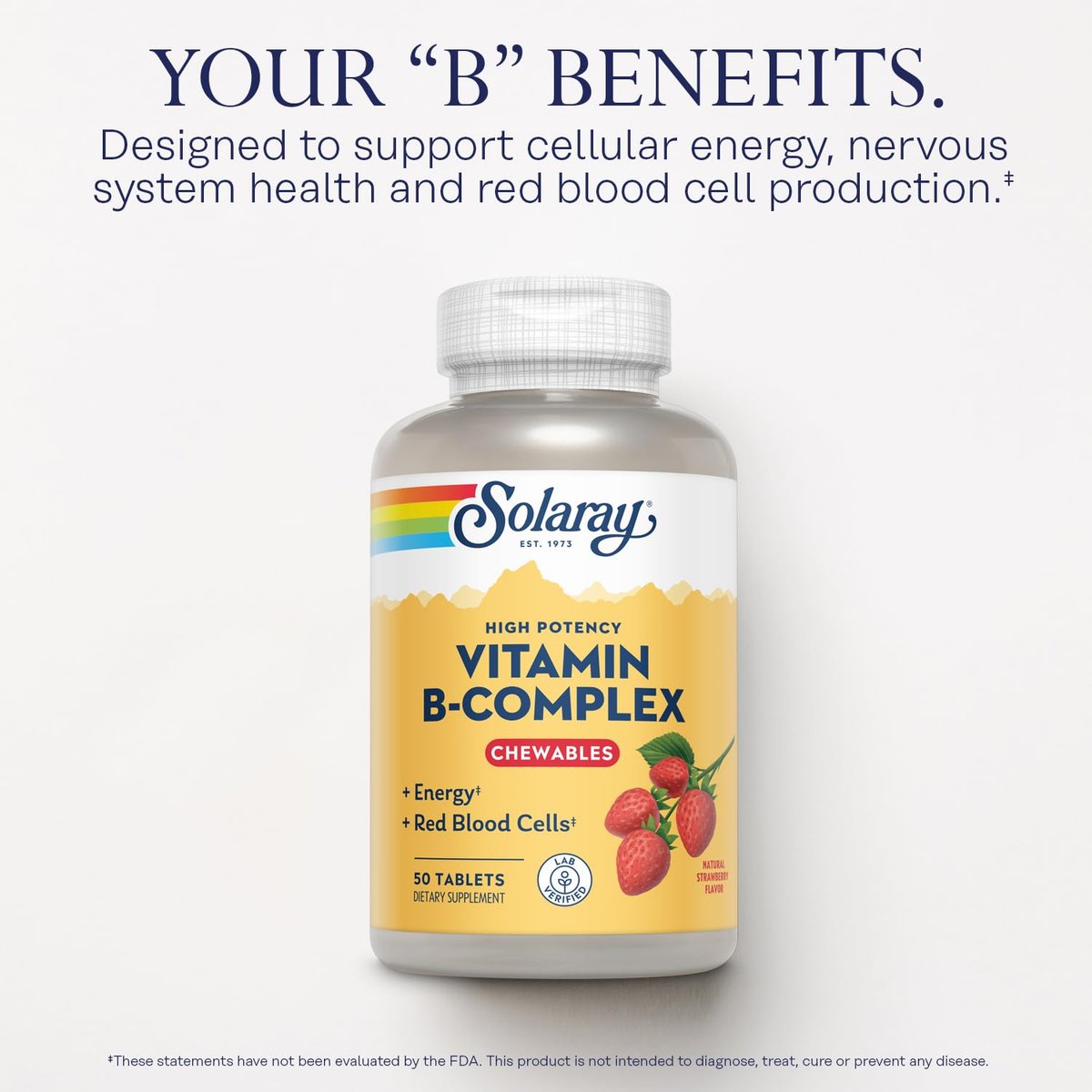 SOLARAY Vitamin-B-Komplex Kautabletten, Erdbeergeschmack, für gesunde Energie, rote Blutkörperchen, Stress- und Stoffwechselunterstützung, 50 Tabletten