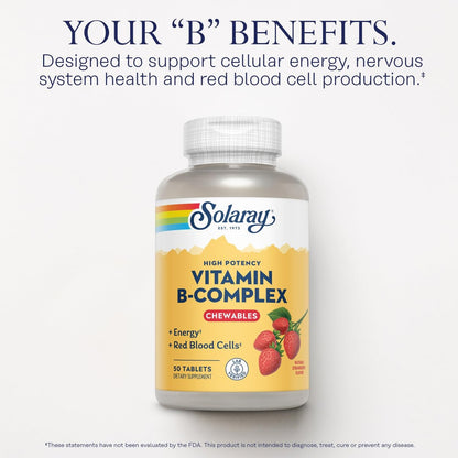 SOLARAY Vitamin-B-Komplex Kautabletten, Erdbeergeschmack, für gesunde Energie, rote Blutkörperchen, Stress- und Stoffwechselunterstützung, 50 Tabletten