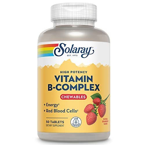 SOLARAY Vitamin-B-Komplex Kautabletten, Erdbeergeschmack, für gesunde Energie, rote Blutkörperchen, Stress- und Stoffwechselunterstützung, 50 Tabletten