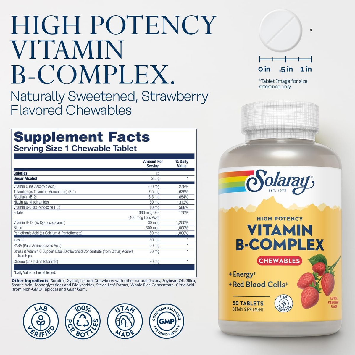 SOLARAY Vitamin-B-Komplex Kautabletten, Erdbeergeschmack, für gesunde Energie, rote Blutkörperchen, Stress- und Stoffwechselunterstützung, 50 Tabletten