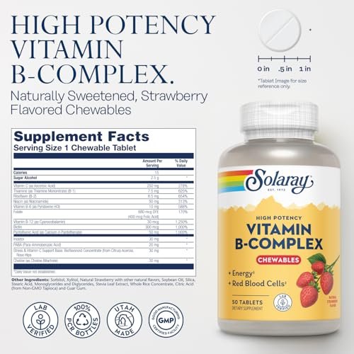 SOLARAY Vitamin-B-Komplex Kautabletten, Erdbeergeschmack, für gesunde Energie, rote Blutkörperchen, Stress- und Stoffwechselunterstützung, 50 Tabletten
