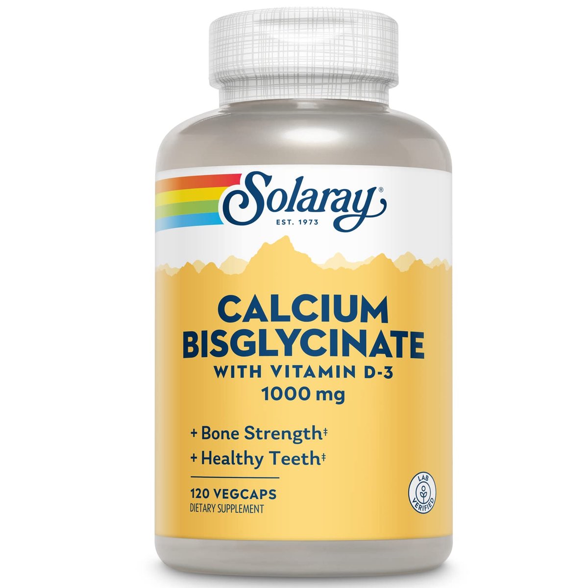SOLARAY Calcium Bisglycinat 1000 mg für Frauen & Männer – Calcium mit Vitamin D3, Unterstützung für Knochenstärke und Zahngesundheit, chelatierte Kapseln, leicht verdaulich – 120 vegane Kapseln