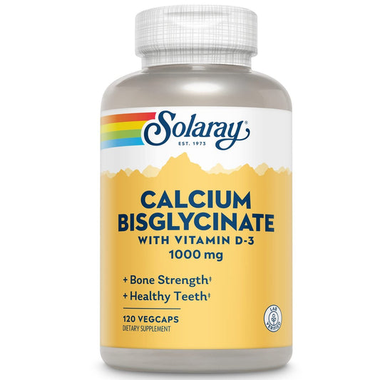 SOLARAY Calcium Bisglycinat 1000 mg für Frauen & Männer – Calcium mit Vitamin D3, Unterstützung für Knochenstärke und Zahngesundheit, chelatierte Kapseln, leicht verdaulich – 120 vegane Kapseln