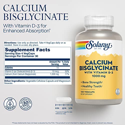 SOLARAY Calcium Bisglycinat 1000 mg für Frauen & Männer – Calcium mit Vitamin D3, Unterstützung für Knochenstärke und Zahngesundheit, chelatierte Kapseln, leicht verdaulich – 120 vegane Kapseln