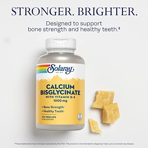 SOLARAY Calcium Bisglycinat 1000 mg für Frauen & Männer – Calcium mit Vitamin D3, Unterstützung für Knochenstärke und Zahngesundheit, chelatierte Kapseln, leicht verdaulich – 120 vegane Kapseln
