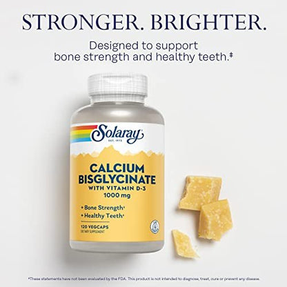 SOLARAY Calcium Bisglycinat 1000 mg für Frauen & Männer – Calcium mit Vitamin D3, Unterstützung für Knochenstärke und Zahngesundheit, chelatierte Kapseln, leicht verdaulich – 120 vegane Kapseln