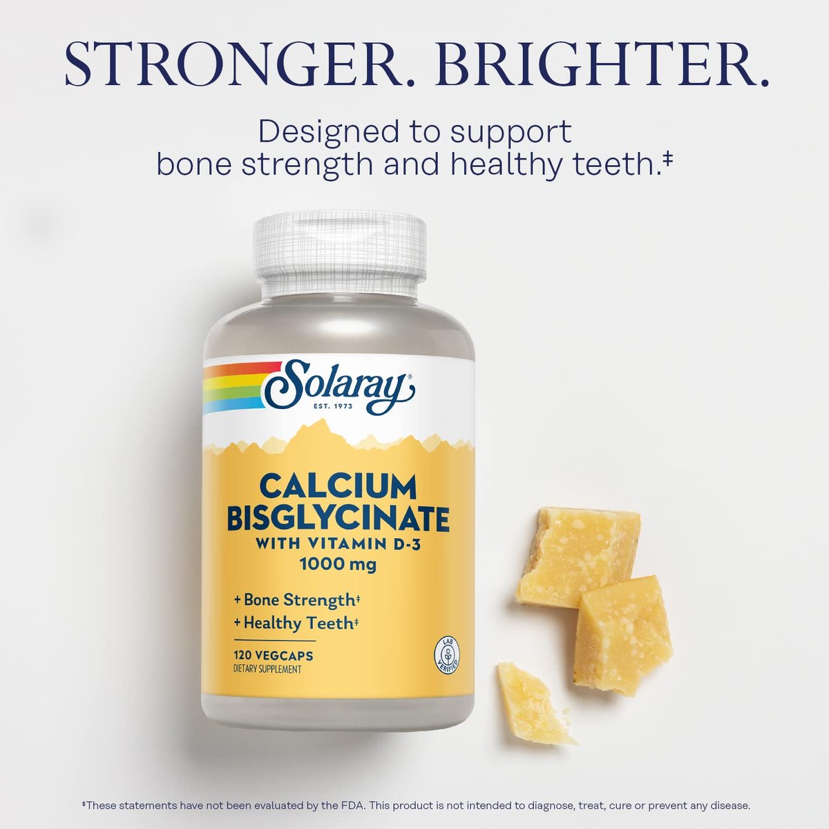 SOLARAY Calcium Bisglycinat 1000 mg für Frauen & Männer – Calcium mit Vitamin D3, Unterstützung für Knochenstärke und Zahngesundheit, chelatierte Kapseln, leicht verdaulich – 120 vegane Kapseln