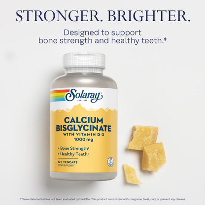 SOLARAY Calcium Bisglycinat 1000 mg für Frauen & Männer – Calcium mit Vitamin D3, Unterstützung für Knochenstärke und Zahngesundheit, chelatierte Kapseln, leicht verdaulich – 120 vegane Kapseln