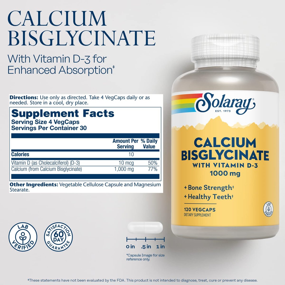 SOLARAY Calcium Bisglycinat 1000 mg für Frauen & Männer – Calcium mit Vitamin D3, Unterstützung für Knochenstärke und Zahngesundheit, chelatierte Kapseln, leicht verdaulich – 120 vegane Kapseln