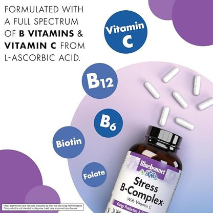 Bluebonnet Nutrition Stress Relief B-Komplex – Vitamin B6, B12, Biotin, Folat – Vegan, glutenfrei, sojafrei, milchfrei – 100 Kapseln