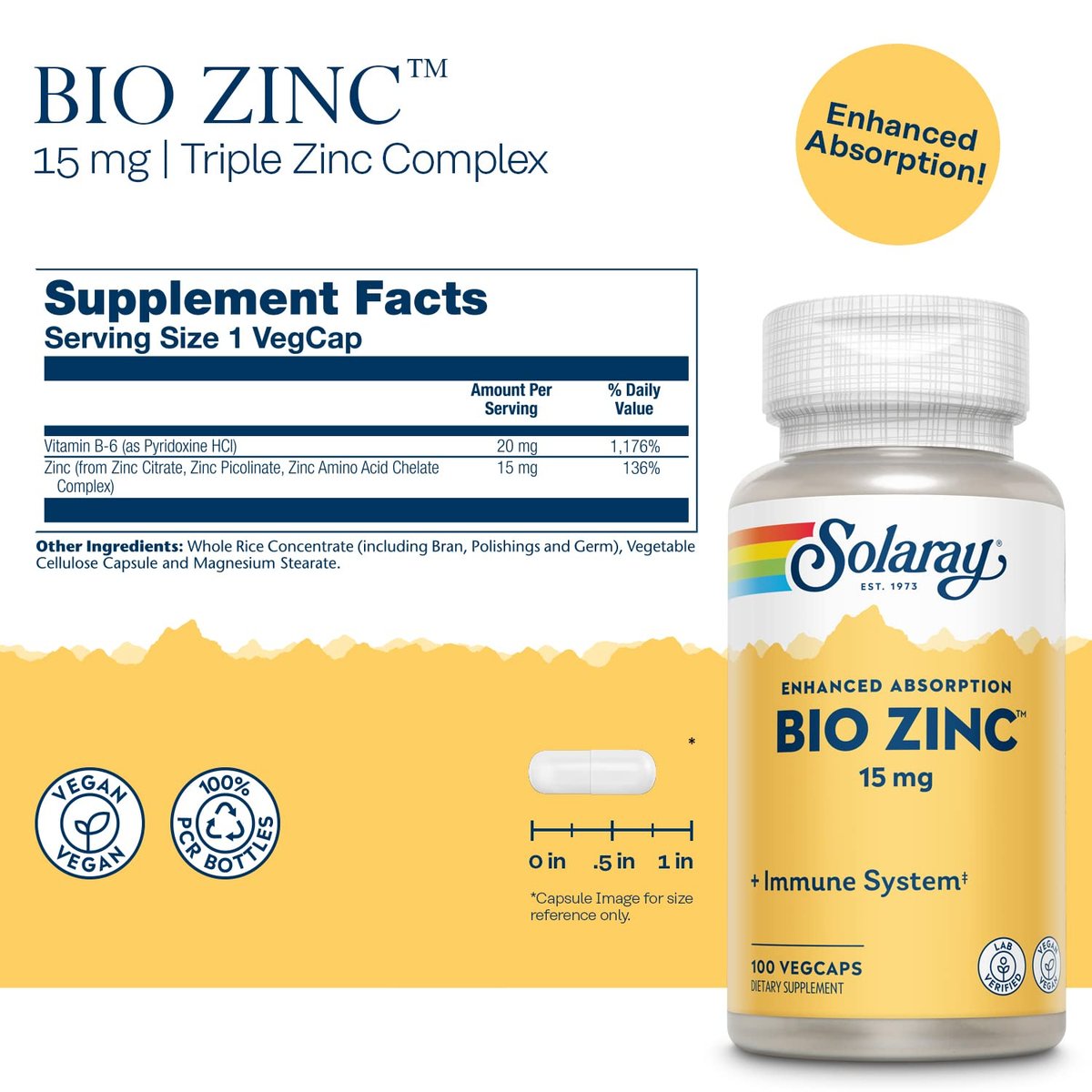 Solaray Bio Zinc 15 mg | Triple-Zink-Komplex für gesundes Immunsystem, endokrine & Zellfunktion | 100 VegKapseln