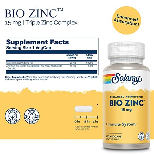 Solaray Bio Zinc 15 mg | Triple-Zink-Komplex für gesundes Immunsystem, endokrine & Zellfunktion | 100 VegKapseln