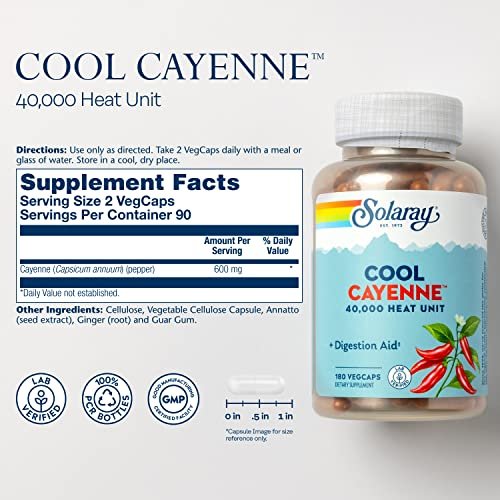 SOLARAY Cool Cayenne Pfeffer 40.000 HU – 180 vegane Kapseln – Verdauungsfördernd – Bio-Cool-Verfahren – Laborgeprüft