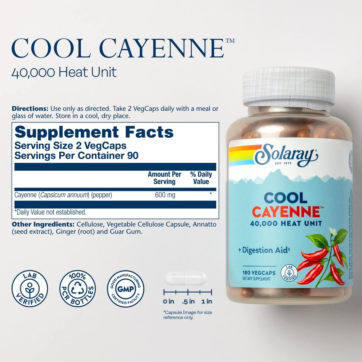 SOLARAY Cool Cayenne Pfeffer 40.000 HU – 180 vegane Kapseln – Verdauungsfördernd – Bio-Cool-Verfahren – Laborgeprüft