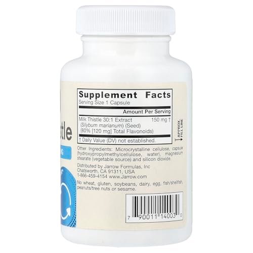 Jarrow Formulas Mariendistel 150 mg mit 30:1 standardisiertem Silymarin-Extrakt – Nahrungsergänzungsmittel zur Unterstützung der Leberfunktion, 100 vegane Kapseln