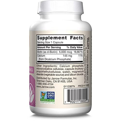 Jarrow Formulas Biotin Ultra Strength 5000 mcg – 100 Kapseln, Nahrungsergänzungsmittel für Haare, Haut und Nägel