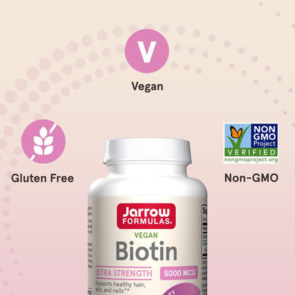 Jarrow Formulas Biotin Ultra Strength 5000 mcg – 100 Kapseln, Nahrungsergänzungsmittel für Haare, Haut und Nägel