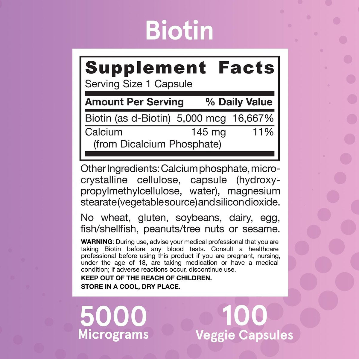 Jarrow Formulas Biotin Ultra Strength 5000 mcg – 100 Kapseln, Nahrungsergänzungsmittel für Haare, Haut und Nägel