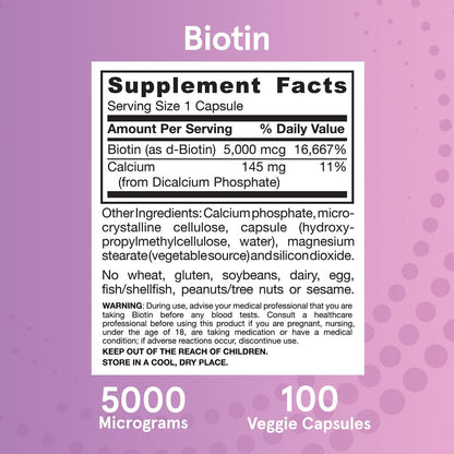Jarrow Formulas Biotin Ultra Strength 5000 mcg – 100 Kapseln, Nahrungsergänzungsmittel für Haare, Haut und Nägel
