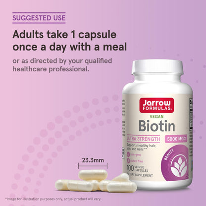 Jarrow Formulas Biotin Ultra Strength 5000 mcg – 100 Kapseln, Nahrungsergänzungsmittel für Haare, Haut und Nägel