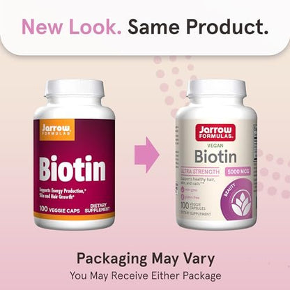 Jarrow Formulas Biotin Ultra Strength 5000 mcg – 100 Kapseln, Nahrungsergänzungsmittel für Haare, Haut und Nägel