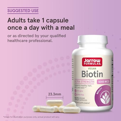 Jarrow Formulas Biotin Ultra Strength 5000 mcg – 100 Kapseln, Nahrungsergänzungsmittel für Haare, Haut und Nägel