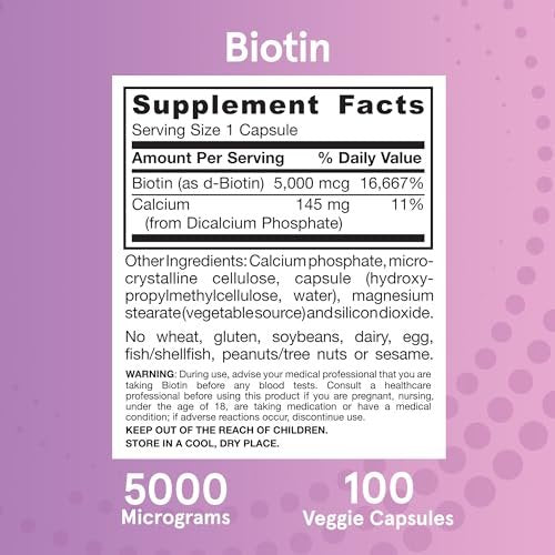 Jarrow Formulas Biotin Ultra Strength 5000 mcg – 100 Kapseln, Nahrungsergänzungsmittel für Haare, Haut und Nägel