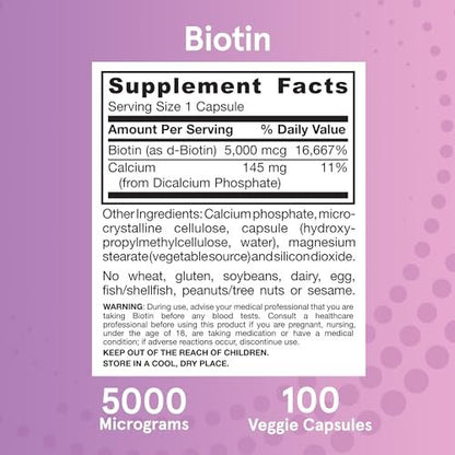 Jarrow Formulas Biotin Ultra Strength 5000 mcg – 100 Kapseln, Nahrungsergänzungsmittel für Haare, Haut und Nägel