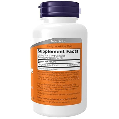 NOW Foods L-Arginin 500 mg – 100 vegane Kapseln, Stickstoffmonoxid-Vorstufe, Aminosäure