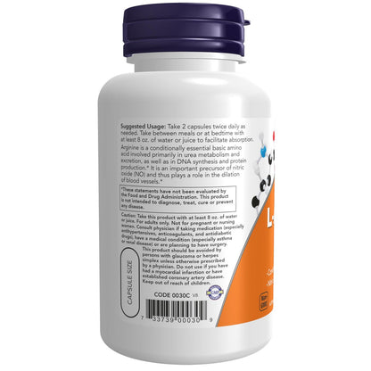 NOW Foods L-Arginin 500 mg – 100 vegane Kapseln, Stickstoffmonoxid-Vorstufe, Aminosäure