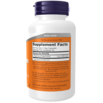 NOW Foods L-Arginin 500 mg – 100 vegane Kapseln, Stickstoffmonoxid-Vorstufe, Aminosäure