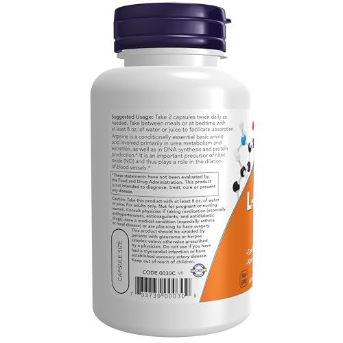 NOW Foods L-Arginin 500 mg – 100 vegane Kapseln, Stickstoffmonoxid-Vorstufe, Aminosäure