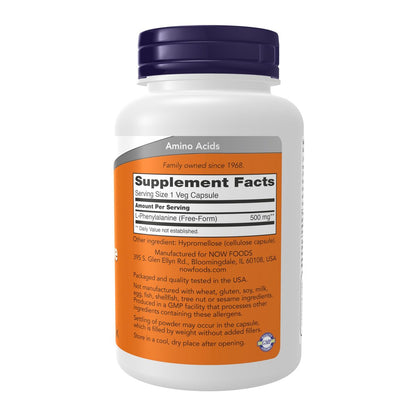 NOW Foods L-Phenylalanin 500 mg, Unterstützung des Nervensystems*, Aminosäure, 120 vegane Kapseln