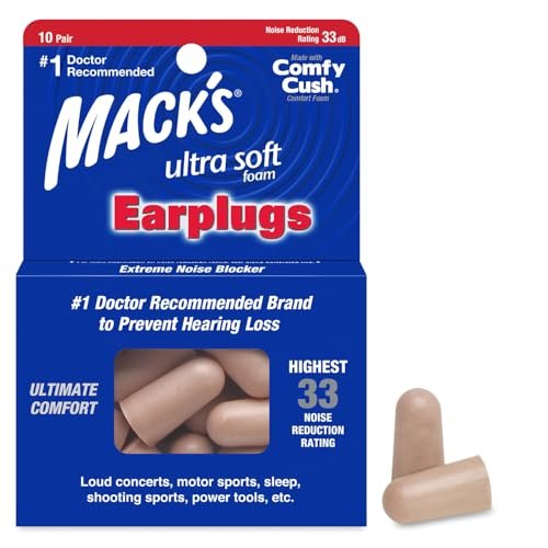 Mack's Ultra Soft Schaumstoff-Ohrstöpsel, 10 Paar - 33 dB Höchste NRR, Bequeme Ohrstöpsel zum Schlafen, Schnarchen, Arbeiten, Reisen und laute Veranstaltungen | Hergestellt in USA