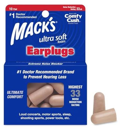 Mack's Ultra Soft Schaumstoff-Ohrstöpsel, 10 Paar - 33 dB Höchste NRR, Bequeme Ohrstöpsel zum Schlafen, Schnarchen, Arbeiten, Reisen und laute Veranstaltungen | Hergestellt in USA