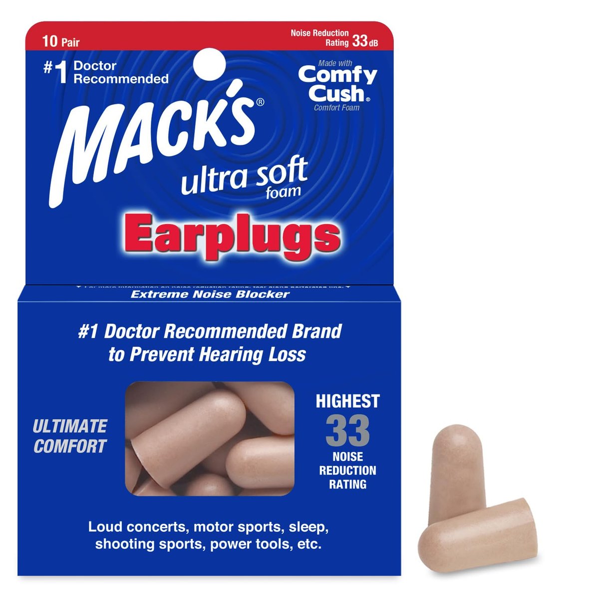 Mack's Ultra Soft Schaumstoff-Ohrstöpsel, 10 Paar - 33 dB Höchste NRR, Bequeme Ohrstöpsel zum Schlafen, Schnarchen, Arbeiten, Reisen und laute Veranstaltungen | Hergestellt in USA