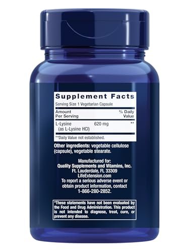 Life Extension L-Lysin, 620 mg, essentielle Aminosäure für gesunden Stickstoffhaushalt, Kalziumstoffwechsel, Stressreaktion & mehr, glutenfrei, nicht-GVO, vegetarisch, 100 Kapseln