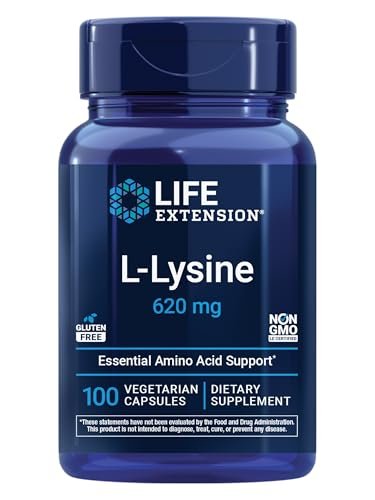 Life Extension L-Lysin, 620 mg, essentielle Aminosäure für gesunden Stickstoffhaushalt, Kalziumstoffwechsel, Stressreaktion & mehr, glutenfrei, nicht-GVO, vegetarisch, 100 Kapseln