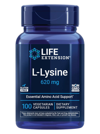 Life Extension L-Lysin, 620 mg, essentielle Aminosäure für gesunden Stickstoffhaushalt, Kalziumstoffwechsel, Stressreaktion & mehr, glutenfrei, nicht-GVO, vegetarisch, 100 Kapseln