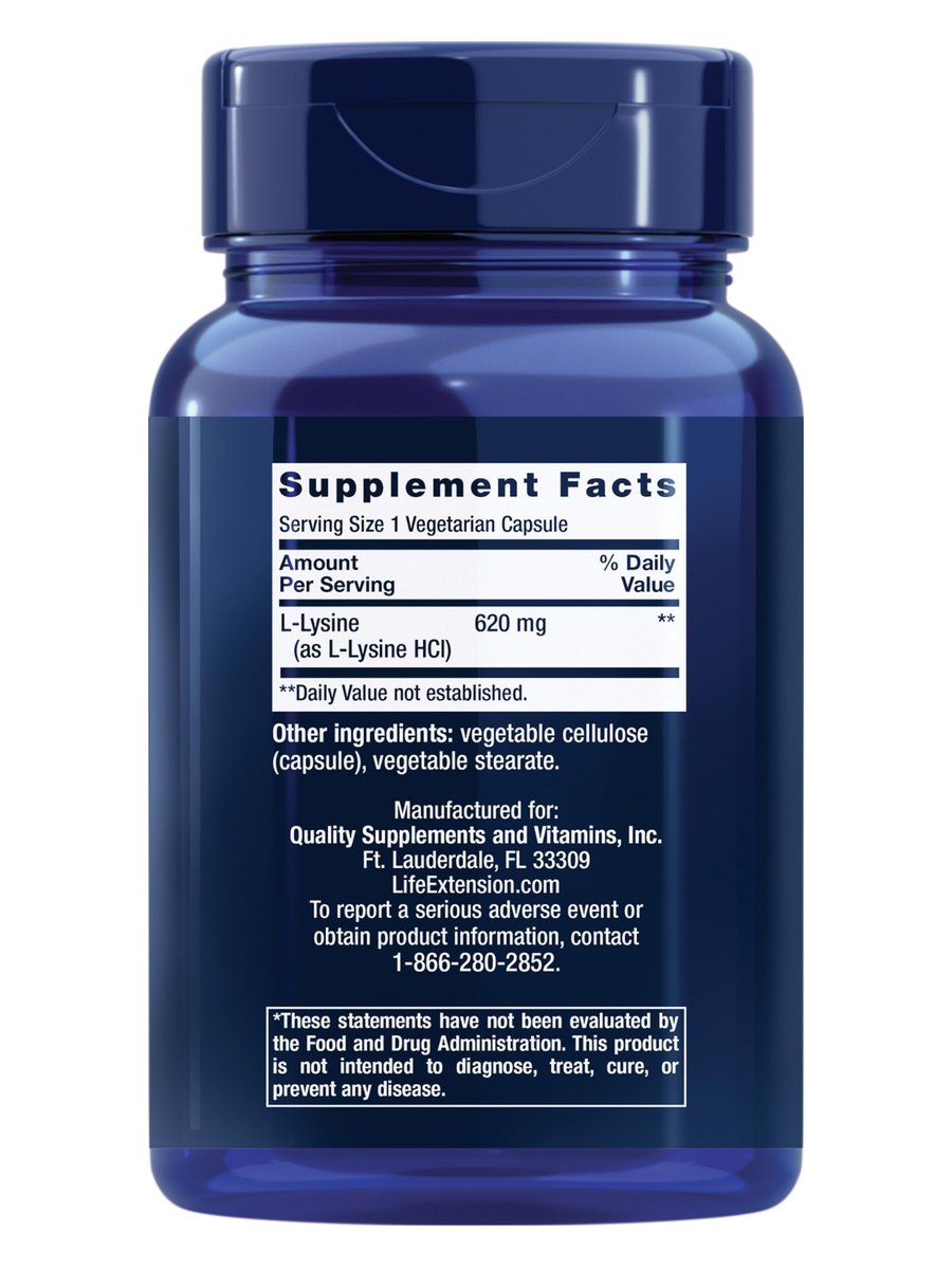 Life Extension L-Lysin, 620 mg, essentielle Aminosäure für gesunden Stickstoffhaushalt, Kalziumstoffwechsel, Stressreaktion & mehr, glutenfrei, nicht-GVO, vegetarisch, 100 Kapseln