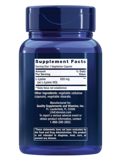 Life Extension L-Lysin, 620 mg, essentielle Aminosäure für gesunden Stickstoffhaushalt, Kalziumstoffwechsel, Stressreaktion & mehr, glutenfrei, nicht-GVO, vegetarisch, 100 Kapseln
