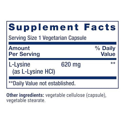 Life Extension L-Lysin, 620 mg, essentielle Aminosäure für gesunden Stickstoffhaushalt, Kalziumstoffwechsel, Stressreaktion & mehr, glutenfrei, nicht-GVO, vegetarisch, 100 Kapseln