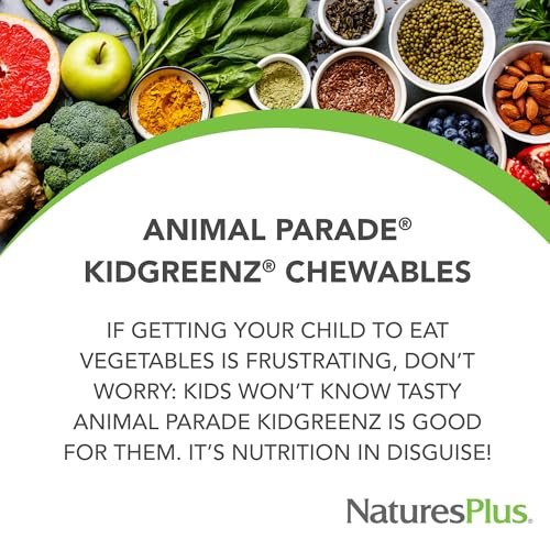 NaturesPlus Animal Parade KidGreenz, tropischer Fruchtgeschmack - 90 tierförmige Kautabletten - Vegetarisch, glutenfrei - 90 Portionen