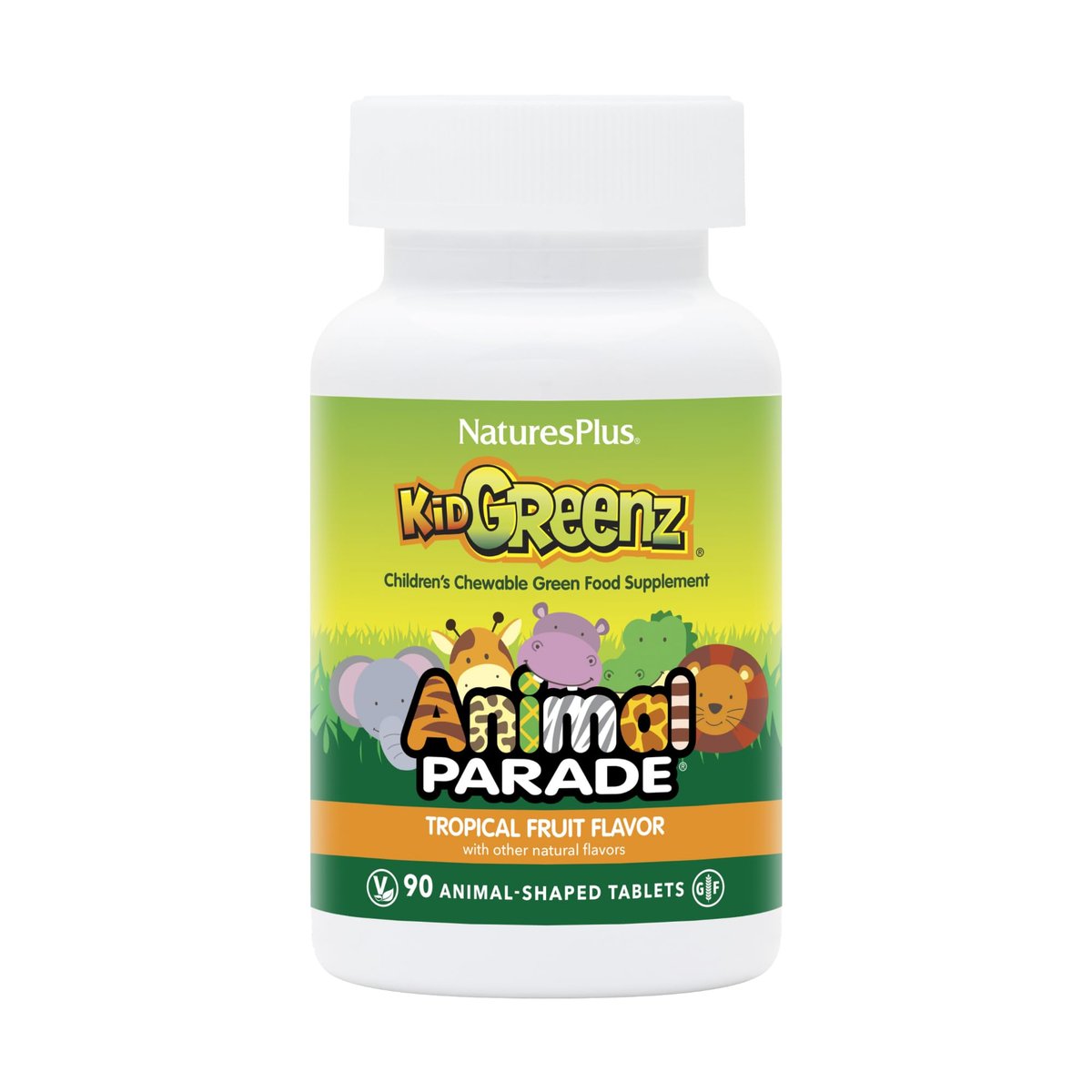 NaturesPlus Animal Parade KidGreenz, tropischer Fruchtgeschmack - 90 tierförmige Kautabletten - Vegetarisch, glutenfrei - 90 Portionen
